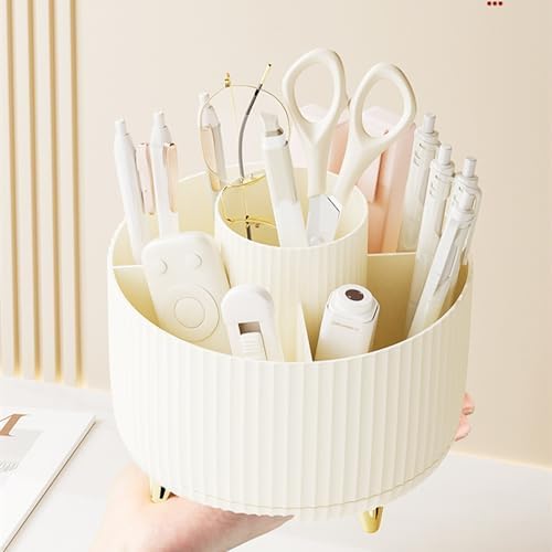 Desk Pencil Pen Holder 5 Slots 360°Degree Rotating Pen Organizers for Desk Desktop Storage Stationery Supplies Organizer Cute Cup Pot Kids Desk Organizer for Office Home School（Cream2）