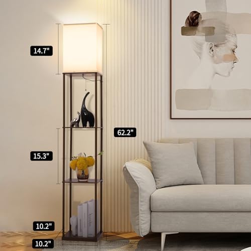 Gupuzm Floor Lamp with Shelves, Modern Square Standing Lamp with 3 Color Temperature Bulb, Corner Display Bookshelf Lamp for Living Room, Bedroom and Office (Brown-9)