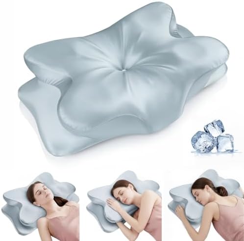 Cervical Neck Pillow for for Neck Support,Ergonomic Memory Foam Contour Pillow with Wrinkle-Resistant Silky Satin Fabric Cover,Orthopedic Bed Pillow for Side,Back,Stomach Sleepers,Blue