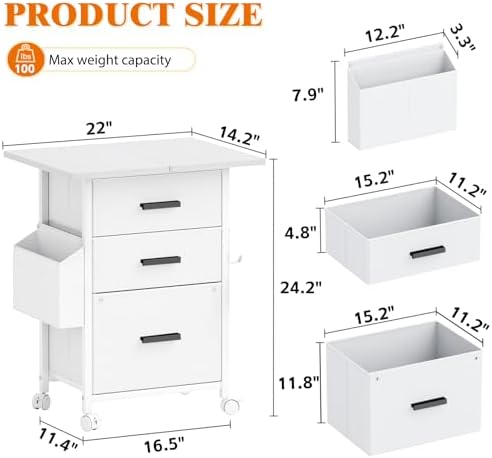Mexin 3 Drawer File Cabinet with 22'' Extended Desktop, Mobile Filing Cabinet, Printer Stand, Rolling Printer Stand with Side Bag, Fabric Drawer, Fits A4 Size, Home Office, White
