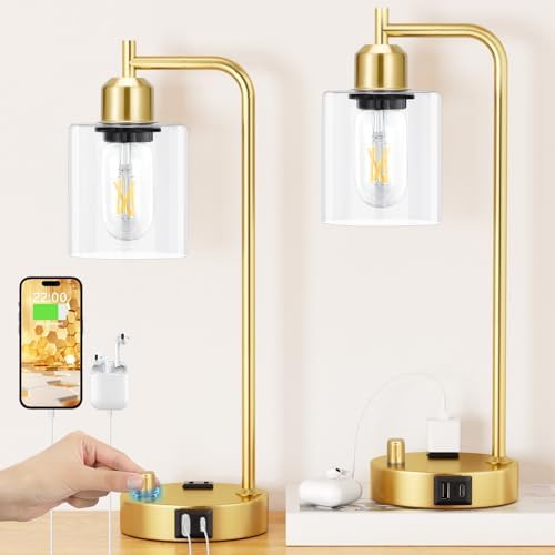 Innqoo Industrial Table Lamp for Bedroom Set of 2 - Fully Dimmable Bedside Lamps with USB Ports and Outlet, Gold Nightstand Lamps with Clear Glass Shade for Living Room, Desk Lamps for Office Reading