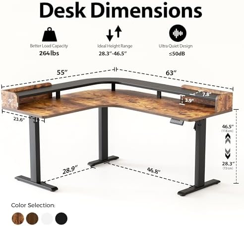 Agilestic L Shaped Standing Desk with Monitor Shelf, 63 Inch, Rustic Brown