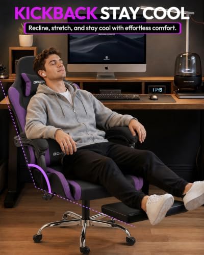 Dowinx Ergonomic Gaming Chair with Footrest & Massage Lumbar, 2D-Linkage Armrests for Computer Chair 330lbs with Headrest Pillow for Office, Home, Streaming and Long Gaming Sessions, Fabric Purple