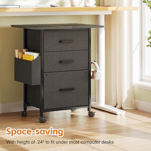 3-Drawer Mobile File Cabinet with 22" Wide Printer Stand, Fabric Under Desk Filing Cabinet with Side Bag & Headphone Hook, Fits Letter/A4 Size Hanging File Folders, Rolling Home Office Organizer,Black
