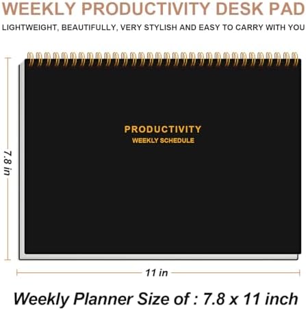 Weekly Productivity Planner - 8" x 11" Dashboard Desk Pad/Planner, Habit Tracker, Spiral Undated Weekly Planner for Office/School/Home, 54 Weeks, Black