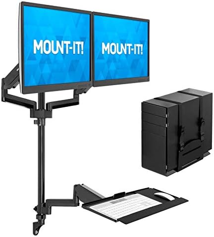 Mount-It! Dual Monitor Arm Wall Mount Workstation with Keyboard Tray & CPU Holder, Height Adjustable Gas Spring Full Motion Computer Station, Fits 17–32” VESA 75x75 100x100, Black