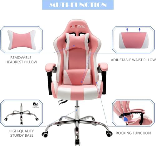 Gaming Chair with Massager, Fabric Gaming Chairs for Adults, Ergonomic Gamer Chair with Adjustable Headrest and Lumbar Support, Reclining Computer Game Chair, High Back, Pink White