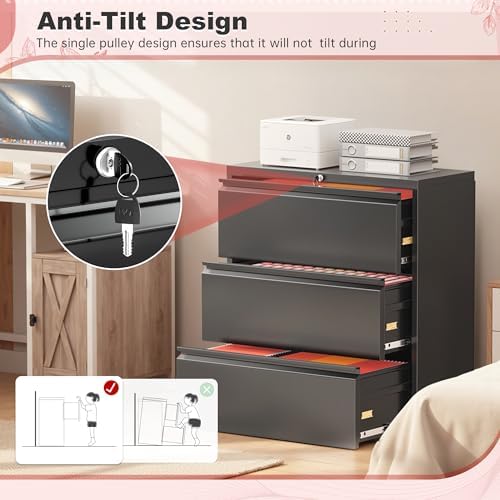 Superday Lateral File Cabinet 3 Drawer Metal File Cabinet with Lock, Black Filing Cabinets for Home Office, Locking Filing Cabinets Hanging Files Letter/Legal/F4/A4
