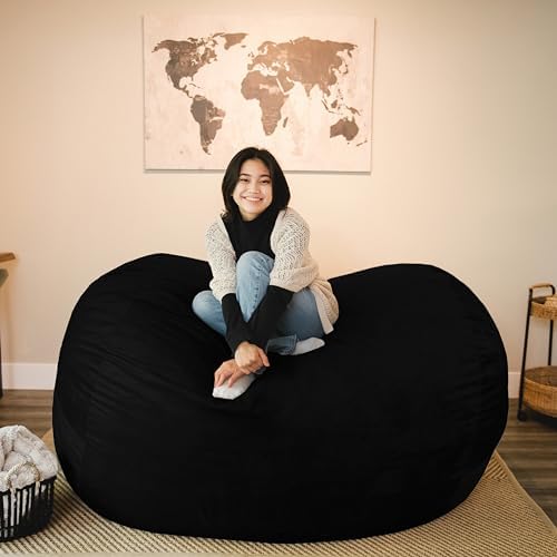 Big Joe Fuf 7Ft Giant Foam Bean Bag Chair, Oversized Couch with Removable Cover for Kids, Teens, Adults, Jet Black Plush, Soft Polyester, 7 Foot