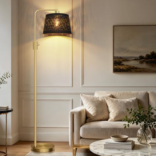 【Upgraded】 Dimmable Gold Floor Lamp, 1000 Lumens LED Edison Bulb Included, Arc Black Floor Lamps for Living Room Modern Standing Lamp with Black Grid Shade, Tall Lamps for Living Room Bedroom Office