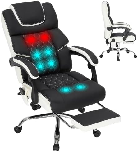 Massage Office Chair with Heat & Footrest,Heated Comfy Reclining Desk Chair with Vibration,Executive Big and Tall Chairs for Heavy People,Adjustable Height Black Black-White