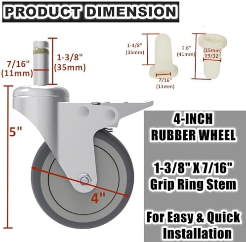 RILIDRI 4-Inch Swivel Stem Caster, 7/16-Inch Stem Diameter Rubber Wheel, Heavy Duty TPR Replacement Wheels for Rubbermaid Mop Bucket Cart Grill Casters - 4 Pack (2 Brakes 2 Swivel)