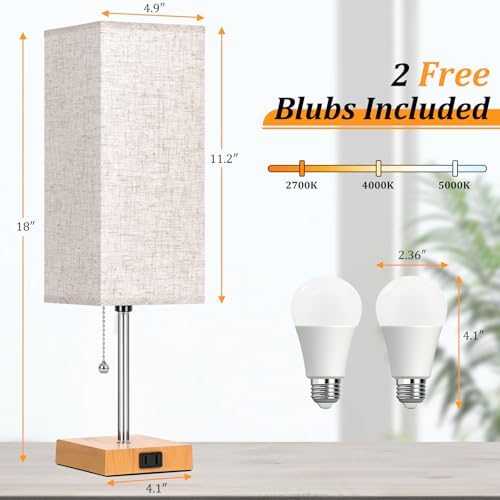 18'' Table Lamp for Bedroom set of 2,3-Color Bedside Lamps with Pull Chain