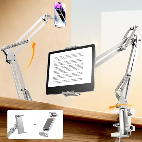 LISEN Tablet Stand iPad Stand for Desk Mount [Ultra Sturdy 2 Clamps] Kindle iPad Holder for Bed Gooseneck Phone Tablet Holder Mount fits iPhone Kindle 4-13" Device (White)