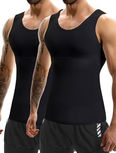 MISS MOLY 2 Pack Compression Shirt Mens Shapewear Tummy Control Posture Corrector Undershirt Tank Sleeveless Top Shaper