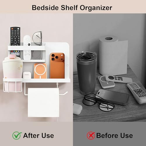 Bcareself Bedside Wall Organizer, Floating Bedside Shelf Wall Mount, Dorm Room Essentials, Remote Control Holder, Dorm Decor Organization and Storage Cool Teen Girls Trendy Stuff (White)