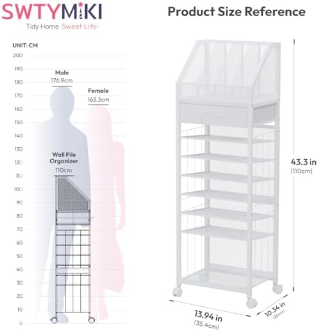 SWTYMIKI 9-Tier Rolling File Cart - Paper Organizer with Drawer and Trays, Wood Desk Office Organizer, Office Organization and Binder Storage for Workspace, Home, School, White