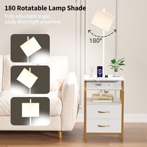 End Table with Floor Lamp, Nightstand with Charging Station, Floor Lamp Table with 3-Color Temperature Bulb, Bedside Table Night Stand with 2 Drawers for Bedroom, Living Room, Gold