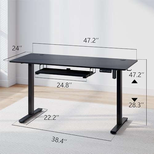 Electric Height Adjustable Standing Desk with Keyboard Tray, 48 * 24 Inch Sit Stand Up Desk, Ergonomic Computer Desk with 2 Headphone Hook for Home Office Sturdy Writing Workstation, Gaming