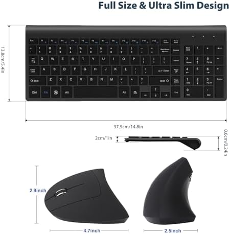 Fonicer Left Handed 2.4GHz Wireless Vertical Ergonomic Mouse and Keyboard Combo Ultra-Thin Portable Size for PC Desktop Computer Laptop Mac Tablet, Black