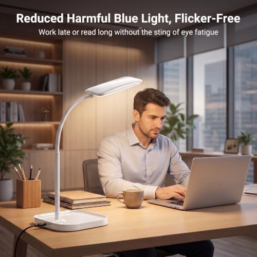 White LED Desk Lamp for Home Office Dorm,Eye-Caring,Gooseneck,Flicker-Free