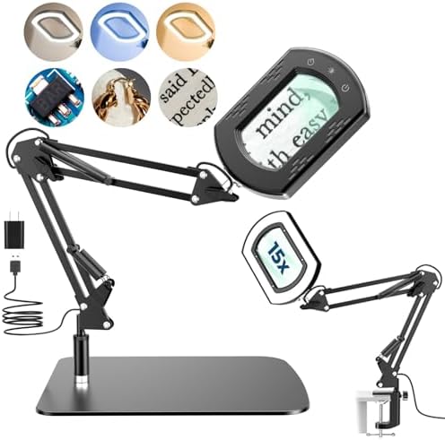 Magnifying Glass with Light and Stand, 15X Hands Free Lighted Magnifying Lamp with 5 Color Modes and Swing Arm, Dimmable LED Desk Magnifier for Crafts, Sewing, Reading, Jewelry, Soldering, Seniors