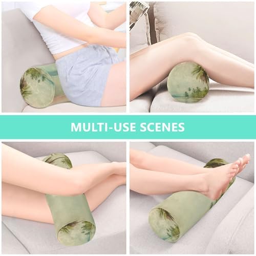 Vintage Palm Tree Neck Roll Pillow - Extra Dense Memory Foam Round Cylinder Bolster for Cervical Support, Spondylosis, Neck Pain Relief