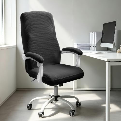 FORCHEER Water-Resistant Large Office Chair Cover with Armrest Covers Black Stretch Jacquard Computer Desk Chair Slipcover Non-Slip Cats/Dogs Proof Washable