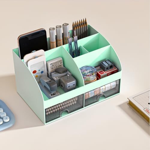 COMFYROOM Desk Organizer with 6 Compartments and 2 Drawers, Plastic Makeup Organizer, Pen Holder for Desktop Storage, Desk Organization for School, Home, Office Supplies (Mint Green)