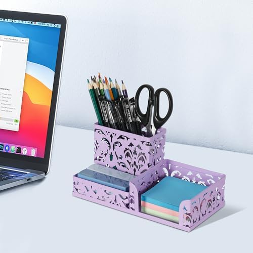 EasyPAG Desk Organizer 3 Compartment Pen Holder for Desk Office Supplies Caddy with Sticky Notes Holder for School Home, Purple