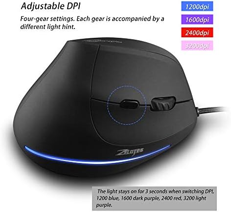 zelotes Vertical Ergonomic Mouse,3200DPI,6 Buttons,LED Illumination,Prevention Against Mouse Arm,USB Optical Wired Mice for Laptop,PC,Mac,Black
