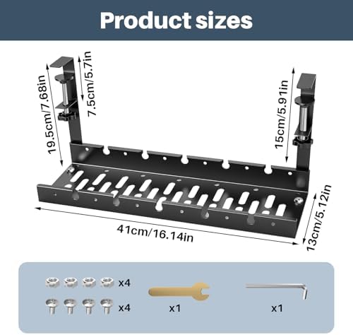 Under Desk Cable Management Tray, No Drill Clamp Mount, Metal Cord Organizer for Desk, Wire Management Rack for Home Office and Standing (Black)