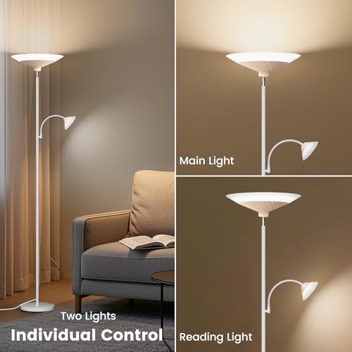 SIBRILLE Torchiere Floor Lamp with Wood Grain Shade, 72" Dimmable LED Standing Lamp with Remote, 2-in-1 Floor Reading Lamp with Color Changing, 34W White Corner Lamp for Living Room Bedroom Office