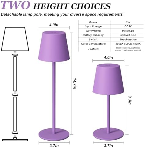 Kakanuo Cordless Table Lamp Rechargeable Purple - KK 2 Pack 5000mAH Battery Operated Lamp for Counter, 3 Color Stepless Dimming Wireless Lamp for Dining Kitchen, Outdoor Patio, Touch Control