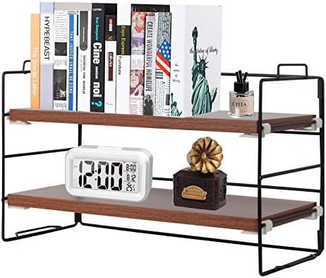 ShellKingdom Desk Shelf Organizer, 2 Tier Desktop Shelves, Adjustable Bookshelf Storage Rack and Office Cubicle Decor for Tabletop, School, Office, Dorm Organization (Black Frame + Wood Board)
