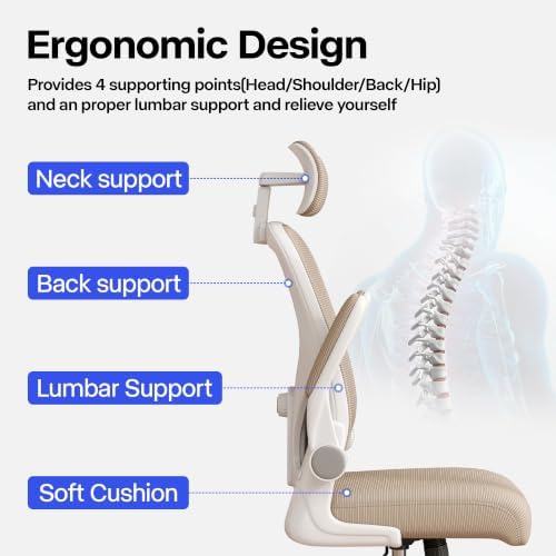 Office Chair, Ergonomic Desk Chair with Adjustable Lumbar Support, High Back Mesh Computer Chair and Headrest, Comfortable Gaming Chairs Rolling Swivel Task Chairs Flip-up Arms(Khaki)