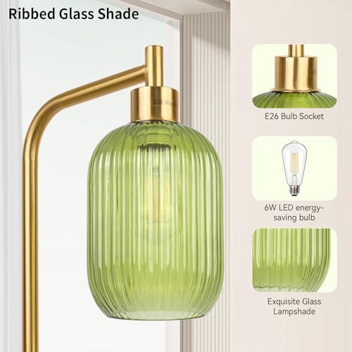 Ruiever Glass Floor Lamp for Living Room, Dimmer Standing Lamp with Green Ribbed Lampshade,66” Tall Lamp & Gold Floor Lamp for Bedroom Study Room,Brushed Gold (Green)