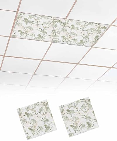 Sage Green Leaves Magnetic Fluorescent Light Covers for Ceiling Lights 2 x 4 Feet,Flower Herbs Floral Spring Summer Office Classroom Kitchen Drop Ceiling Light Covers Lighting Filters Shade 2 Packs