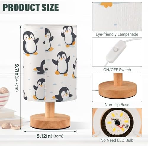 Bedside Lamp Cute Penguins Table Lamp for Bedroom LED Nightstand Lamp Shade USB Ports Wood Base for Living Room Dorm Office