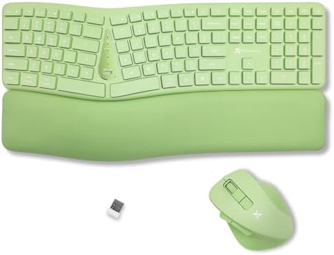 X9 Ergonomic Keyboard and Mouse Wireless Combo - Green Split Keyboard and Mouse Set, Bluetooth/2.4G, Soft Wrist Rest, Rechargeable, Silent Keys, Multi-Device for Laptop, PC, Mac, iOS, Android