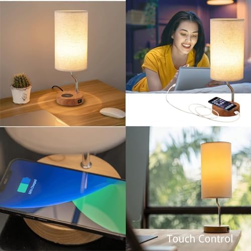 Smart Bedside Table Lamp Set of 2 with Wireless Charger & USB Port - Touch Control LED Desk Lamp for Bedroom, Dimmable Wooden Nightstand Lamp with Fabric Shade for Living Room, Kid's Room,(Cream)