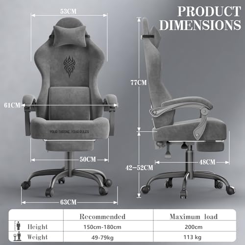Ferghana Velvet Gaming Chair, 20.5 Inch Extra Wide Seat, Fire Embroidery Ergonomic High Back Computer Chair with Footrest, Massage Lumbar Support Reclining Gaming Chair for Adults, Grey
