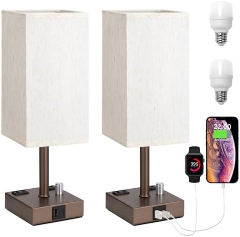 Brown Bedside Table Lamps Set of 2 - Dimmable, USB C+A, 2 AC Outlets
