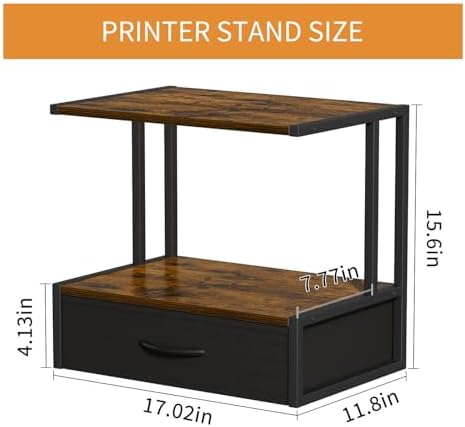 Printer Stand with Storage for Desk, with Fabric Drawer Desktop Printer Stand Shelf Organzier for Home Office, for Above and Under Desk Printer Table, Fax Machine Copier Scanner, Brown