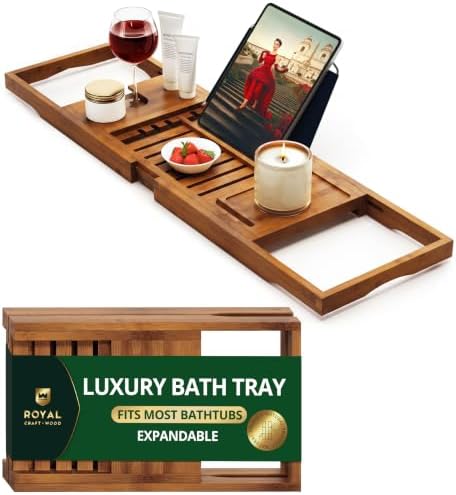 ROYAL CRAFT WOOD Premium Foldable Bathtub Tray Caddy - Wood Bath Tray for Tub, Bamboo Shelf, Expandable Bath Table Trays, Bathtub & Bathroom Accessories for New Home & Mothers, Birthday Gifts for Mom