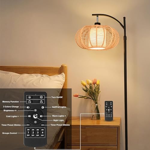ZECOXOL Arc Floor Lamps for Living Room Bedroom Rattan Boho Floor Lamp with Remote Control,Dimmable Led Standing Lamp Wicker Lamp Shade Rustic Tall Floor Lamp Modern Flower Lamp for Bedroom Corner