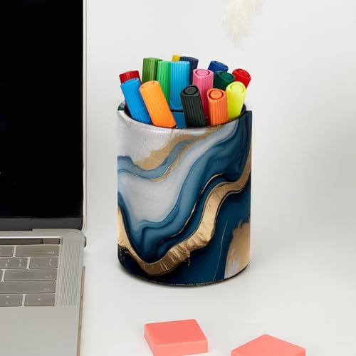 Blue Gold Marble Pen Holder Pencil Organizer Cute Pencil Cup Desk Decor Makeup Brush Holder PU Multifunctional Office Supplies for Home Classroom School