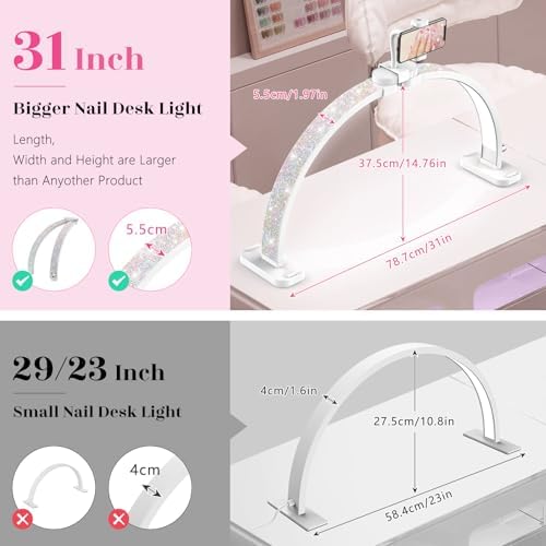 Half Moon Light for Nail Desk: 31" Manicure Table Light with Phone Holder