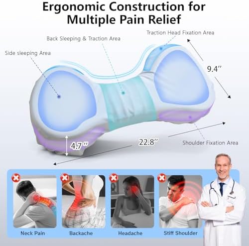 Cervical Neck Pillows for Tension Muscle Relief, Neck Roll Pillow for Side Sleepers, Camping & Travel Neck Support Memory Foam Pillow, Cervical Traction Device with Storage Bag