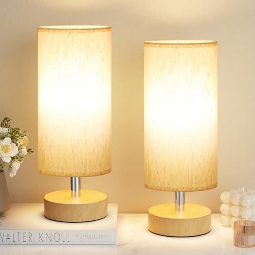 Table Lamps Set of 2 （Cream Shade - Wood Base, 11.6" Inline Control）
